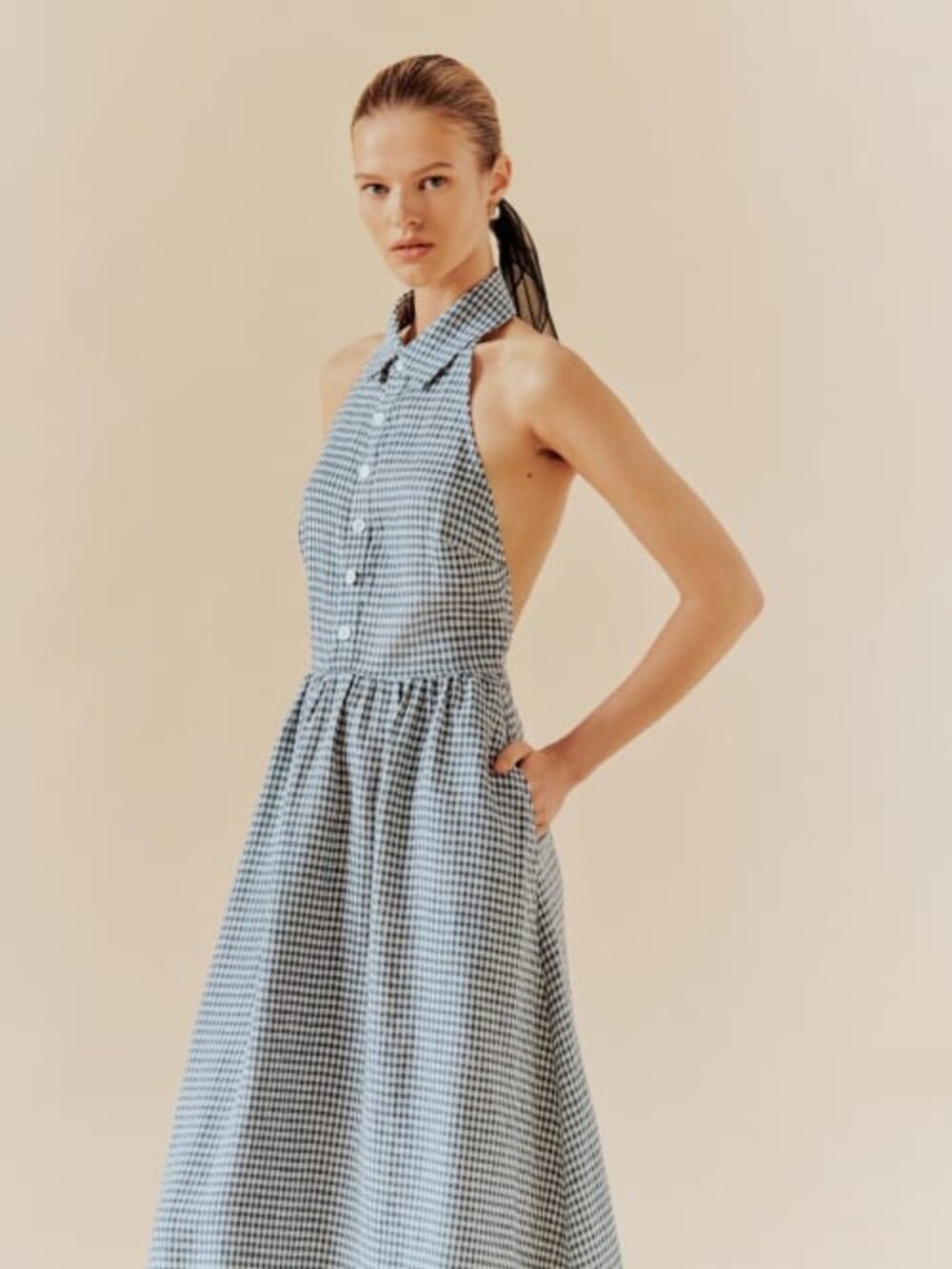 NWT Reformation Tace Linen Dress in Slate Check Navy Open Back Midi Button - Picture 4 of 10